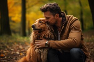 Man with his dog during fall 2024