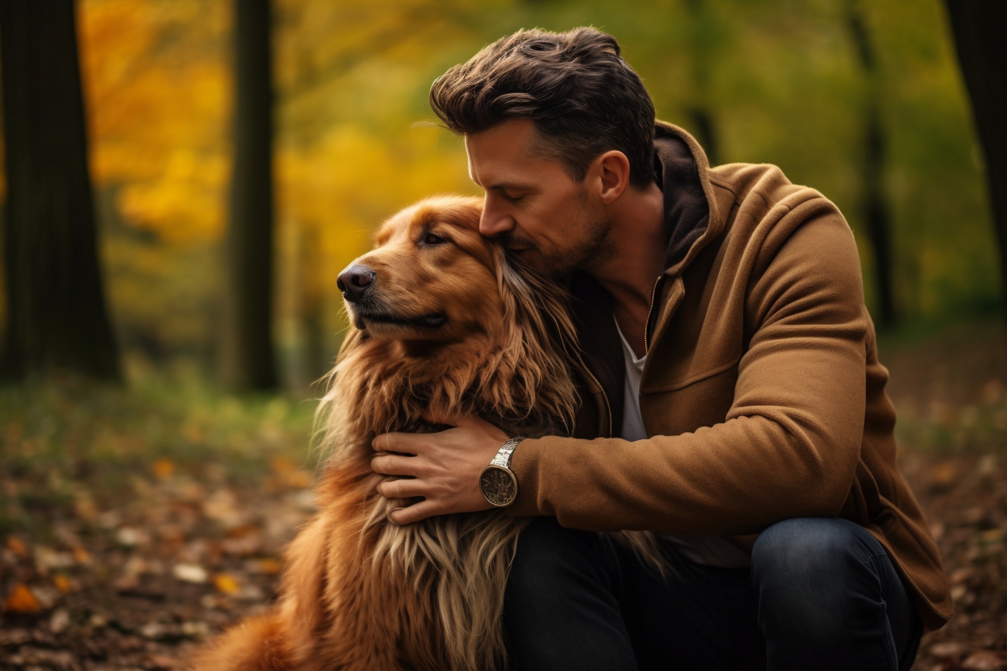 Man Hugging Golden Retriever dog in the fall leaves